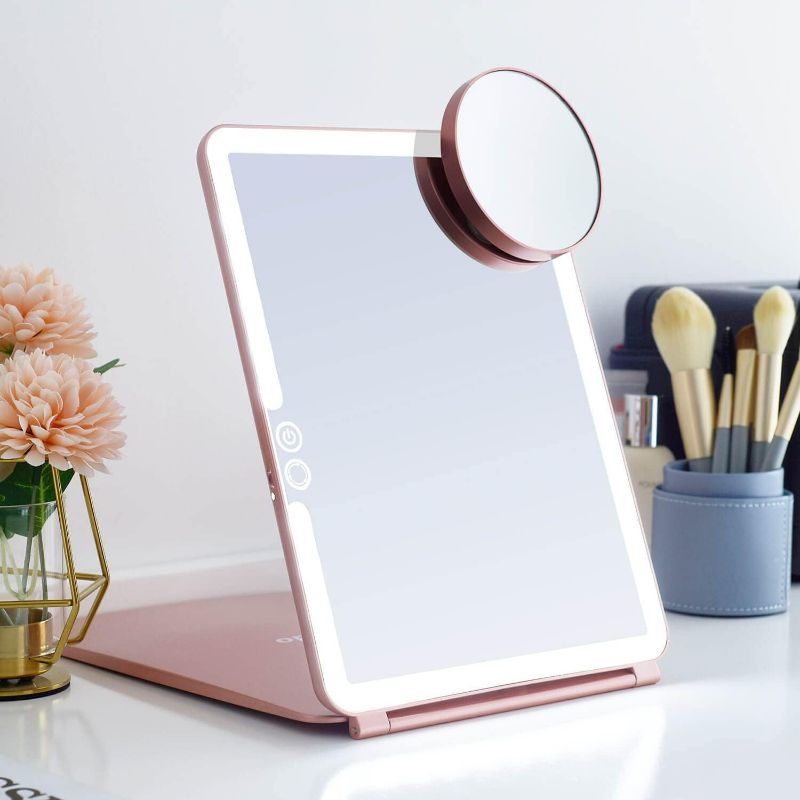 Photo 1 of LED Foldable Travel Makeup Mirror - 7x9 inches 3 Colors Light Modes USB Rechargeable Touch Screen, Portable Tabletop Cosmetic Mirror for Travel, Cosmetic, Office (Rose Gold)
