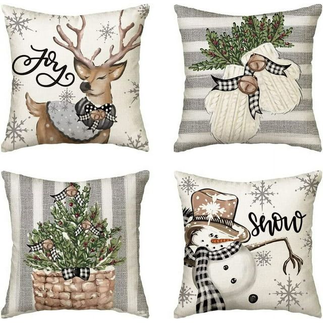 Photo 1 of Christmas Snowman Reindeer Gloves Throw Pillow Covers, 18 x 18 Inch Winter Holiday Stripes Cushion Case Decoration for Sofa Couch Set of 4
