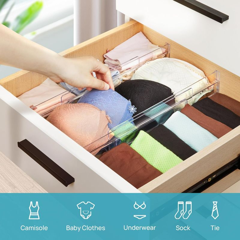 Photo 2 of Vtopmart Drawer Dividers Organizers 8 Pack, Adjustable 3.2" High Expandable from 12.2-21.4" Kitchen Drawer Organizer, Clear Plastic Drawers Separators for Clothing, Installed by Double-sided Tape
