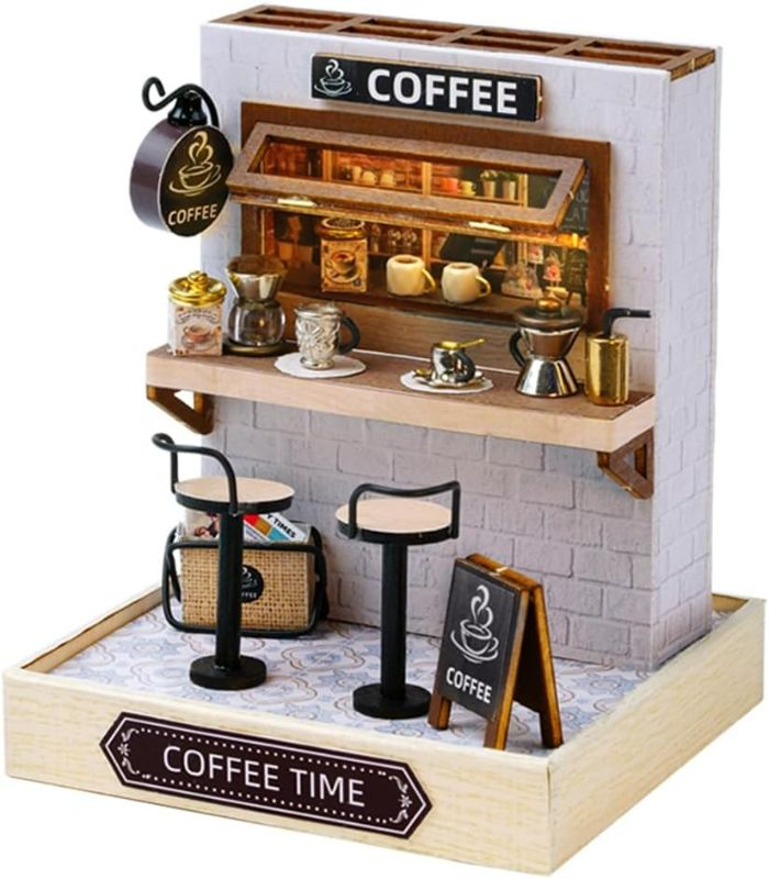 Photo 1 of TuKIIE DIY Miniature Dollhouse Kit with Furniture, 1:24 Scale Creative Room Mini Wooden Doll House Plus Dust Proof for Kids Teens Adults(Coffee Time)
