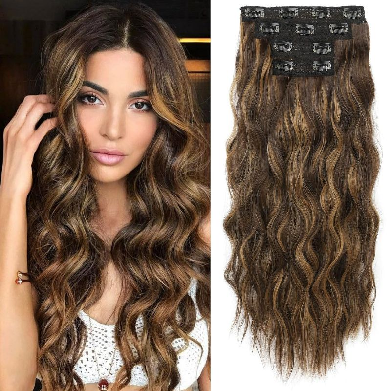 Photo 1 of REECHO Clip in Hair Extensions, 4PCS Blonde Hair Extensions 24" Thick Long Beach Waves hair extensions HE003 Invisible Lace Weft Natural Soft Hairpieces for Women – Dark Brown with Highlights
