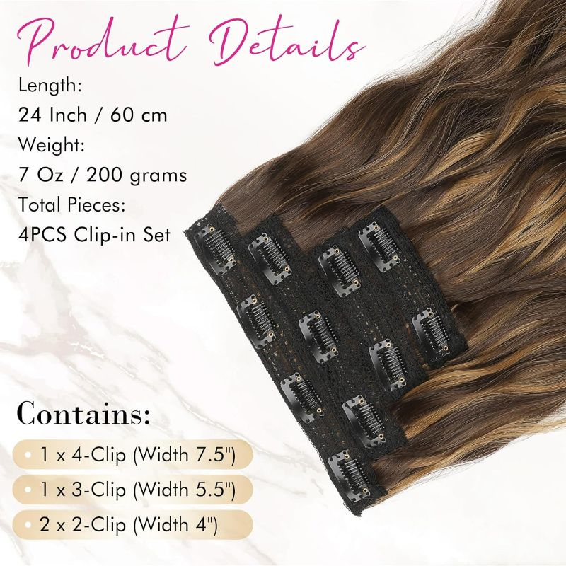 Photo 2 of REECHO Clip in Hair Extensions, 4PCS Blonde Hair Extensions 24" Thick Long Beach Waves hair extensions HE003 Invisible Lace Weft Natural Soft Hairpieces for Women – Dark Brown with Highlights
