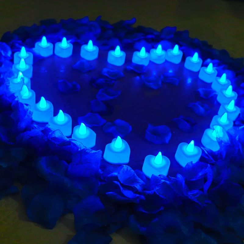 Photo 1 of AUSAYE 1000 Pieces Artificial Rose Petals with 24 Pcs Heart Shaped LED Candles Smokeless Romantic Love LED Tea Lights for Night Valentine's Day Anniversary Wedding Table Decor Blue Party Decoration
