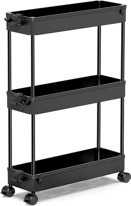 Photo 1 of SPACEKEEPER Slim Rolling Storage Cart, Laundry Room Organization, 3 Tier Mobile Utility Shelving Unit Bathroom Organizer Storage for Kitchen, Narrow Places(Black)
