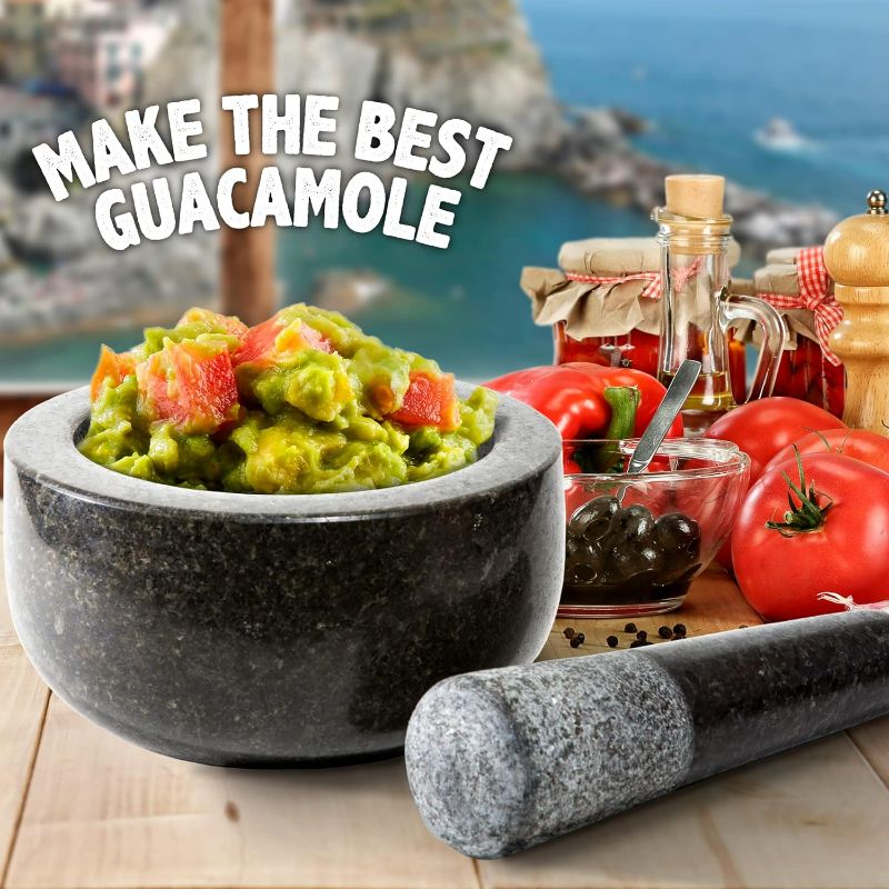 Photo 2 of Heavy Duty Natural Granite Mortar and Pestle Set, 5.5" Size, Make Fresh Guacamole, Salsa, Pesto, Stone Grinder Bowl, Herb Crusher, Spice Grinder, 1.5 Cup, Black
