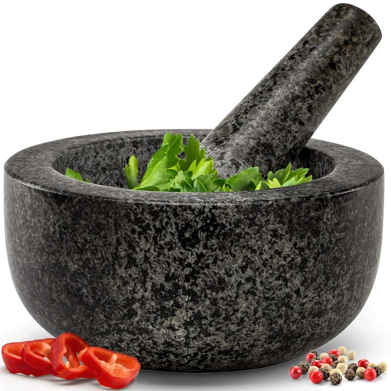 Photo 1 of Heavy Duty Natural Granite Mortar and Pestle Set, 5.5" Size, Make Fresh Guacamole, Salsa, Pesto, Stone Grinder Bowl, Herb Crusher, Spice Grinder, 1.5 Cup, Black
