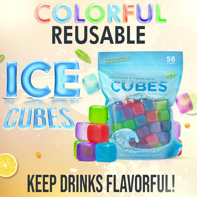 Photo 2 of Urban Essentials Reusable Ice Cubes - Quick Freeze Colorful Plastic Square Ice cubes With Resealable Bag Assorted Colors Pack Of 56
