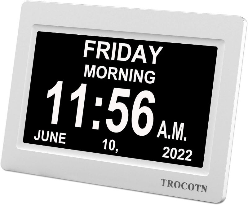 Photo 1 of TROCOTN 7 Inches Digital Clock Calendar Clock Large Display Alarm Clock Wall Clock (White)
