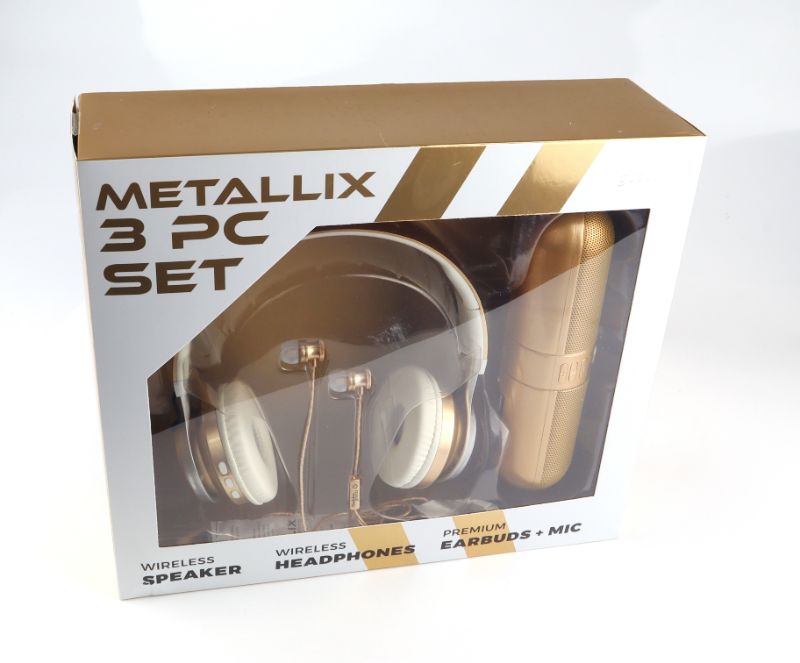 Photo 1 of METALLIX 3 PIECE SET 1 BLUETOOTH SPEAKER 1 WIRELESS HEADPHONE AND 1 EARBUD SET WITH MICROPHONE NEW 