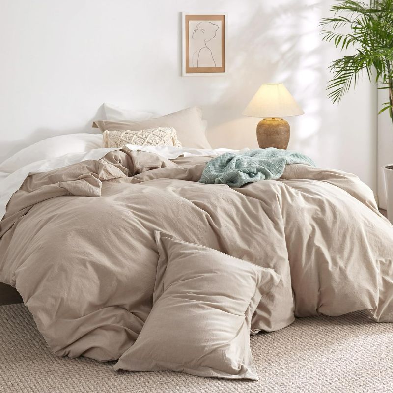 Photo 1 of Bedsure 100% Washed Cotton Duvet Cover Queen - Warm Sand Minimalist Cotton Duvet Cover Set Linen Like - 3 Pieces with 2 Pillow Shams (Warm Sand, Queen, 90"x90")
