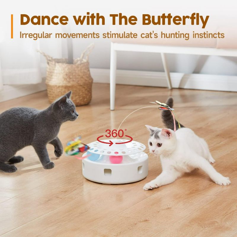 Photo 2 of Potaroma Cat Toys 3in1 Automatic Interactive Kitten Toy, Fluttering Butterfly, Moving Ambush Feather, Track Balls, Dual Power Supplies, USB Powered, Indoor Exercise Kicker (Bright White)
