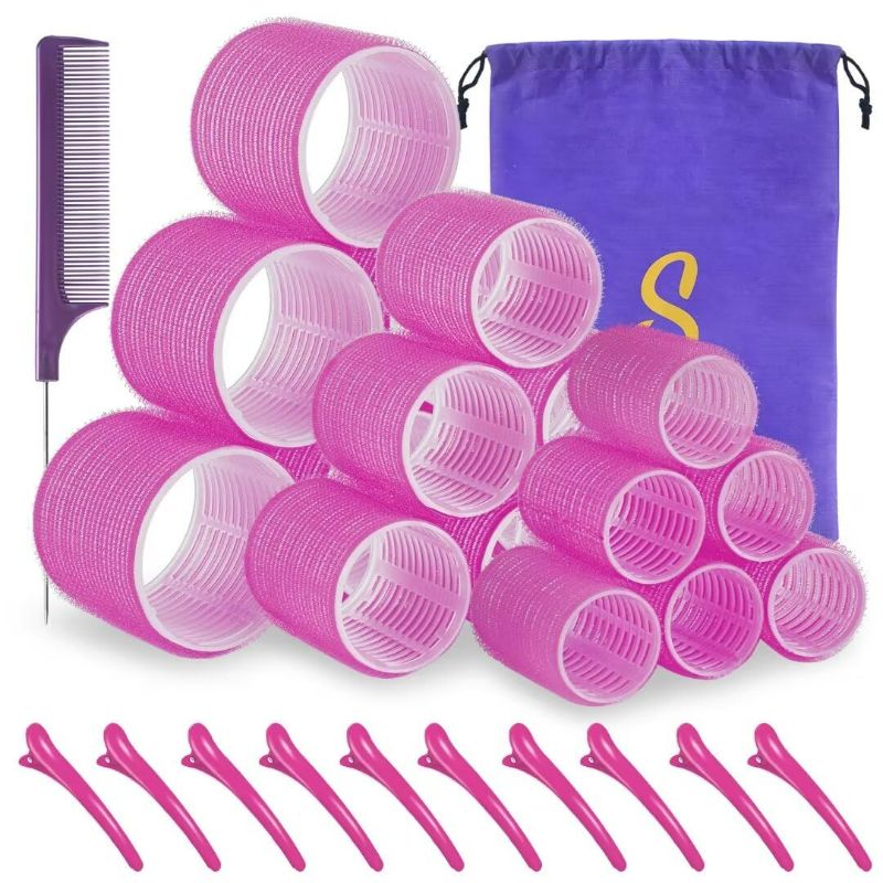 Photo 1 of Self grip hair roller set,18 pcs,Hair rollers with hair roller clips and comb,Salon hairdressing curlers,DIY Hair Styles, Sungenol 3 Sizes Rose red Hair Rollers in 1 set
