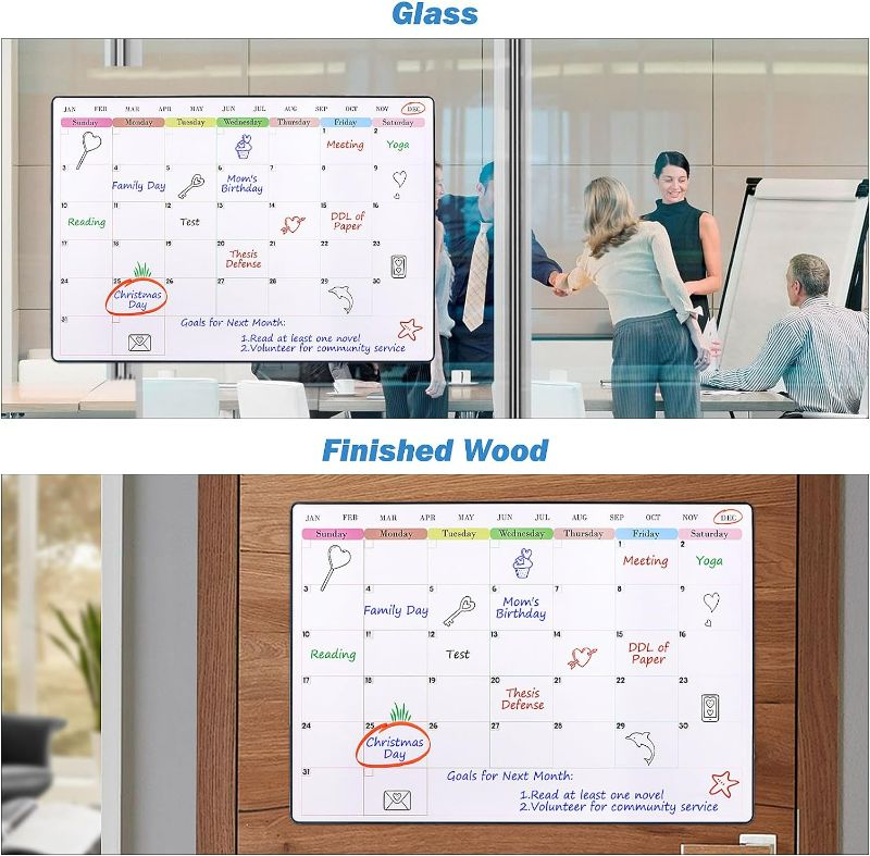 Photo 2 of POPRUN Non-Magnetic Dry Erase Calendar Whiteboard for Wall, Glass, Wooden(Any Smooth Surface), Monthly Self-Adhesive Planning Board, Schedule Planner for Home and Office 23.6” × 15.7”
