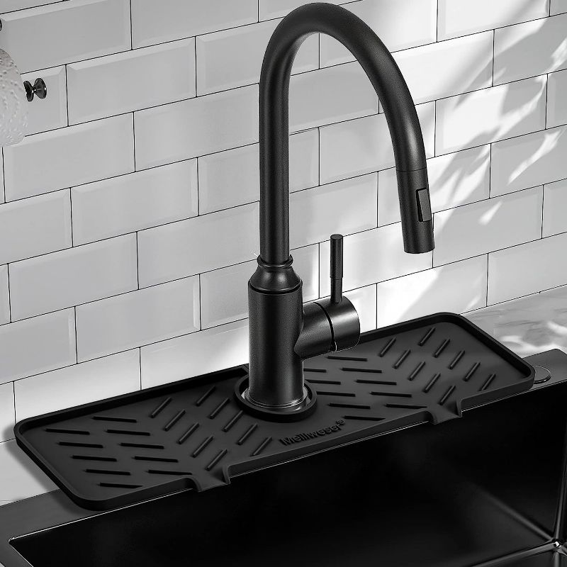 Photo 1 of Meiliweser Silicone Faucet Splash Guard Gen 2 - Outlet & Slope Upgraded Faucet Water Catcher Mat - Sink Sponge Holder for Kitchen, Bathroom(Black)
