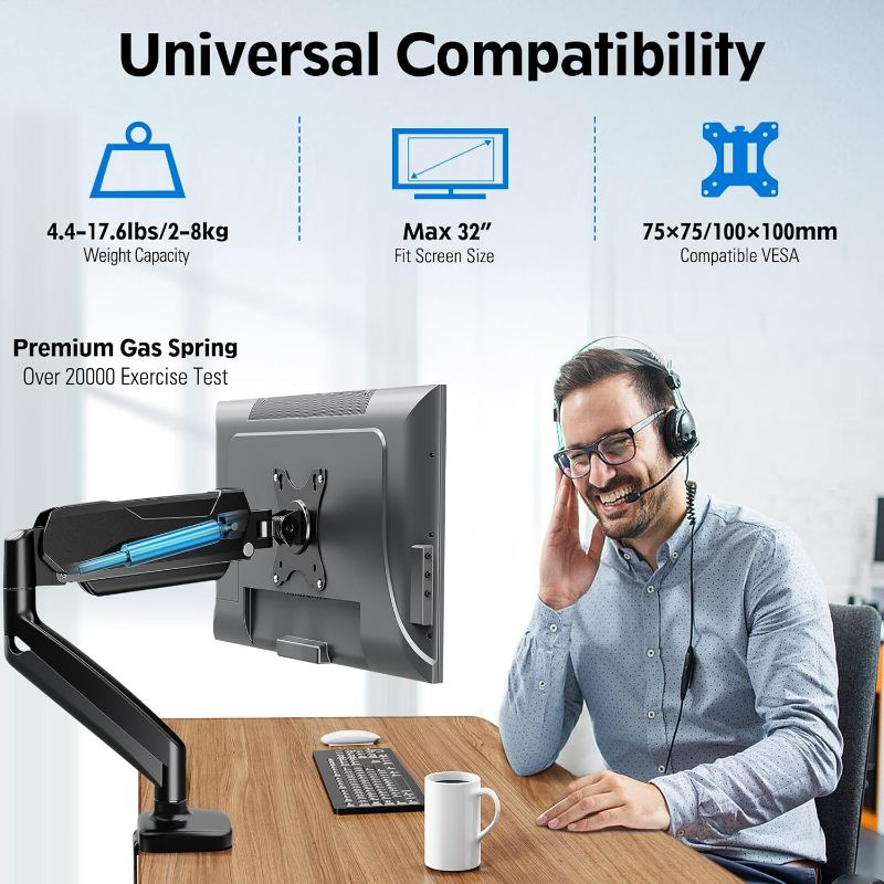 Photo 1 of MOUNTUP Single Monitor Desk Mount, Adjustable Gas Spring Monitor Arm Support Max 32 Inch, 4.4-17.6lbs Screen, Computer Monitor Stand Holder with Clamp/Grommet Mounting Base, VESA Mount Bracket, MU0004
