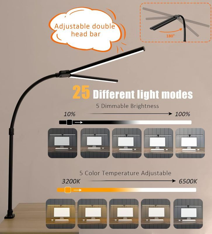 Photo 2 of Ksunun Double Head LED Desk Lamp Modern Architect Desk Lamp for Monitor Studio Reading Home Office, 24W Brightest Workbench Lighting-5 Color Modes and 5 Dimmable Eye Protection
