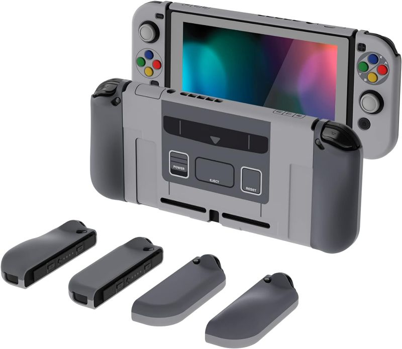 Photo 1 of PlayVital AlterGrips Dockable Protective Case Ergonomic Grip Cover for Nintendo Switch, Interchangeable Joycon Cover w/Screen Protector & Thumb Grip Caps & Button Caps - SFC SNES Classic EU Style
