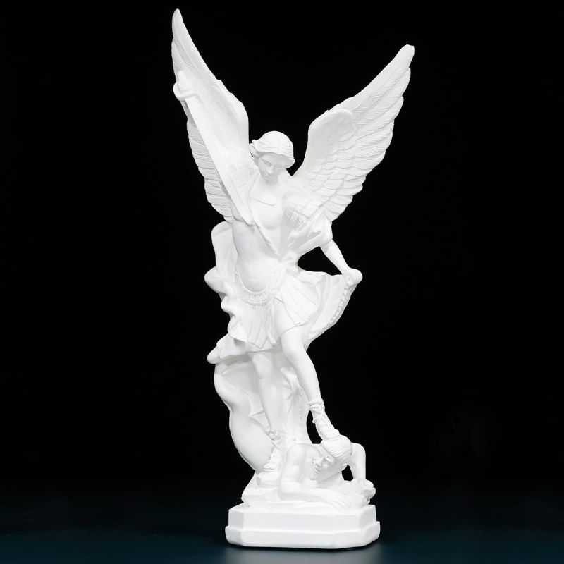 Photo 1 of 12.4in White San Miguel Arcangel Statue, St Michael Statue, Resin Saint Archangel Michael Statue, Saint Michael defeating Satan Collection Figurines, Religious Angel Suitable for Collection or Decor

