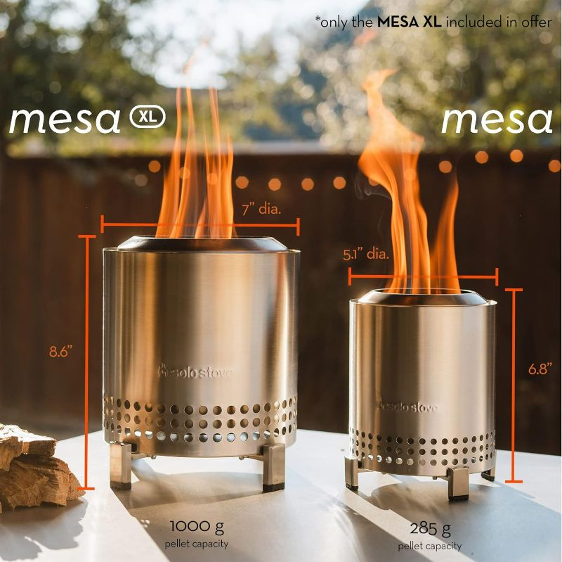 Photo 2 of Solo Stove Mesa XL Tabletop Fire Pit with Stand | Low Smoke Outdoor Mini Fire for Urban & Suburbs | Fueled by Pellets or Wood, Stainless Steel, with Travel Bag, H: 8.6" x D: 7", 2.3 lbs, Ash
