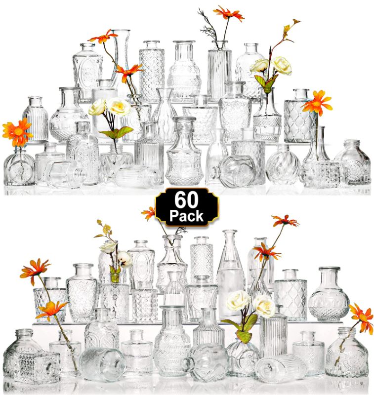 Photo 1 of Arme Glass Bud Vase Set of 60 Pcs, Small Clear Glass Bud Vases in Bulk for Flowers, Rustic Wedding Centerpieces and Vintage Decorations, Perfect for Home, Table and Events with Elegant Design Clear-style3 60 Pcs