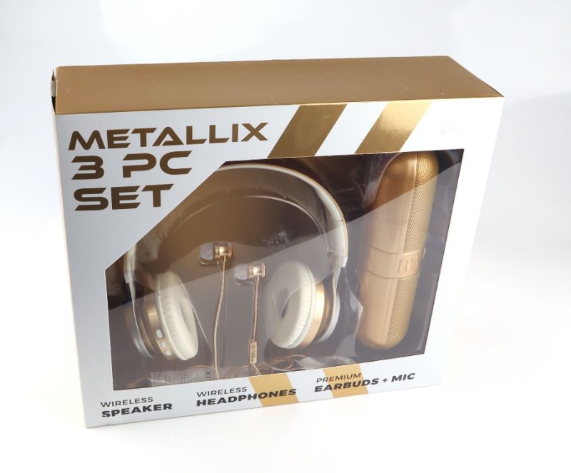 Photo 3 of METALLIX 3 PIECE SET 1 BLUETOOTH SPEAKER 1 WIRELESS HEADPHONE AND 1 EARBUD SET WITH MICROPHONE NEW 