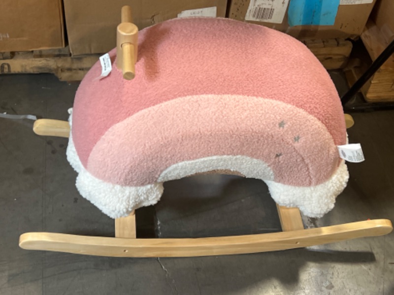 Photo 3 of Hopscotch Squad Rainbow Rocker Fully Assembled Natural Wood Rocking Horse with Soft Fleece Pink Puffy Plush Clouds
