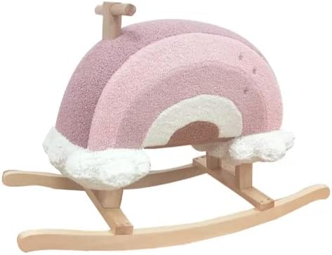 Photo 2 of Hopscotch Squad Rainbow Rocker Fully Assembled Natural Wood Rocking Horse with Soft Fleece Pink Puffy Plush Clouds
