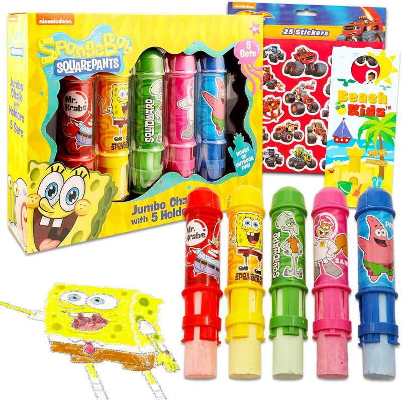 Photo 1 of Spongebob Squarepants Sidewalk Chalk Set for Kids - Bundle with 5 Spongebob Jumbo Chalk Sticks with Chalk Holders Plus Stickers, More | Spongebob Outdoor Toys
