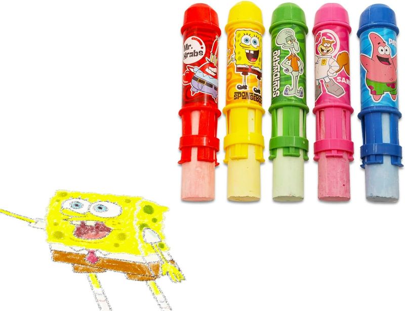 Photo 2 of Spongebob Squarepants Sidewalk Chalk Set for Kids - Bundle with 5 Spongebob Jumbo Chalk Sticks with Chalk Holders Plus Stickers, More | Spongebob Outdoor Toys
