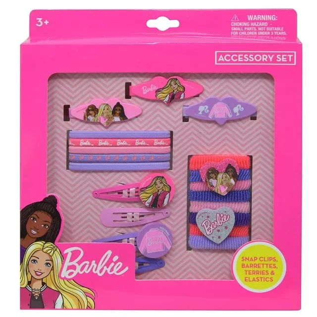Photo 1 of Barbie 20pc Accessory Set in box- 4 snap clips, 3 barrettes, 8 terries, 5 elastics
