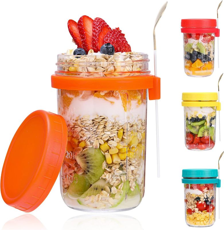 Photo 1 of 9 Pack Miscellaneous Colors 20 OZ Overnight Oats Containers with Lids and Spoon - Set of 4 Yogurt Parfait Cups with Lids, Glass Overnight Oats Jars, Reusable Oatmeal Containers with Measurement Markings for On-The-Go
