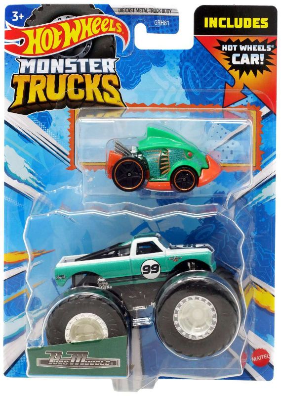 Photo 2 of Hot Wheels Monster Trucks 1:64 Scale Vehicles 2 Pack; 1 Die-Cast Truck & 1 Car
