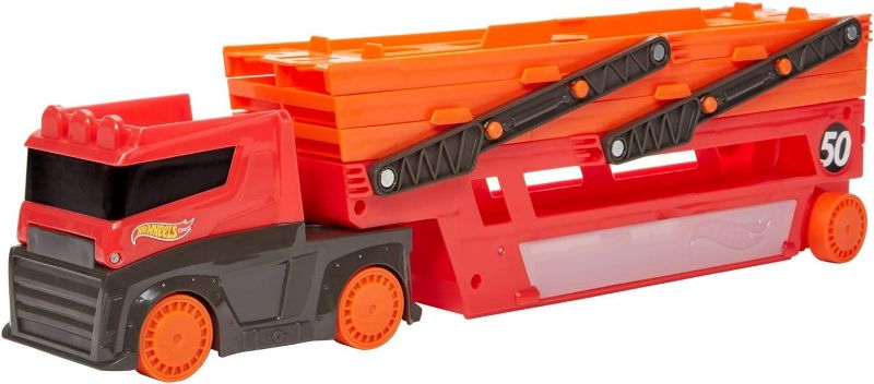 Photo 1 of Hot Wheels Mega Hauler with 6 Expandable Levels, Storage for Up to 50 1:64 Scale Toy Cars, Connects to Other Tracks
