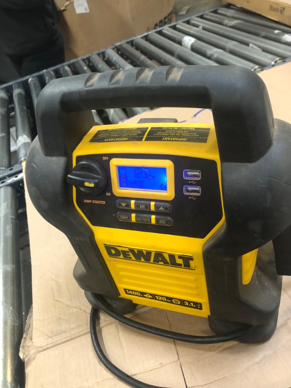 Photo 1 of DEWALT DXAEJ14 Digital Portable Power Station Jump Starter - 1400 Peak Amps with 120 PSI Compressor, AC Charging Cube, USB Port for Electronic Devices---THERE ARE RETURNS ON THIS ITEM -----SALE FOR PARTS -------UNSURE HOW FUNCTIONAL THIS ITEM IS 
