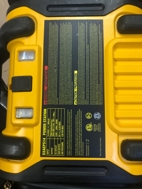 Photo 4 of DEWALT DXAEPS14 1600 Peak Battery Amp 12V Automotive Jump Starter/Power Station with 500 Watt AC Power Inverter, 120 PSI Digital Compressor, and USB Power , Yellow----THERE IS NO RETURNS ON THIS ITEM UNABLE TO TEST AND UINSURE HOW WELL IT WORKS 
