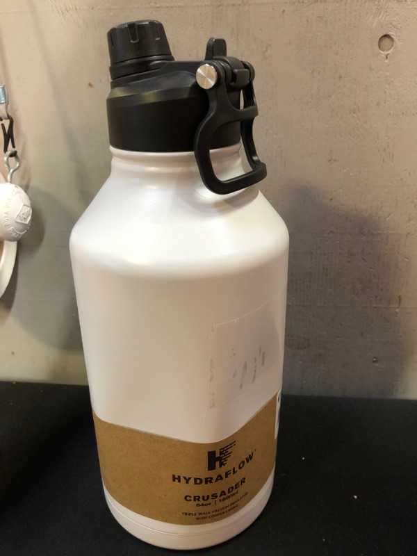 Photo 2 of Hydraflow Crusader - Triple Wall Vacuum Insulated Water Bottle with Dual Lid (64oz, Powder White) Stainless Steel Metal Thermos, Reusable Leak Proof BPA-FREE for Sports and Travel *** DENTING FROM TRANSPORT ***