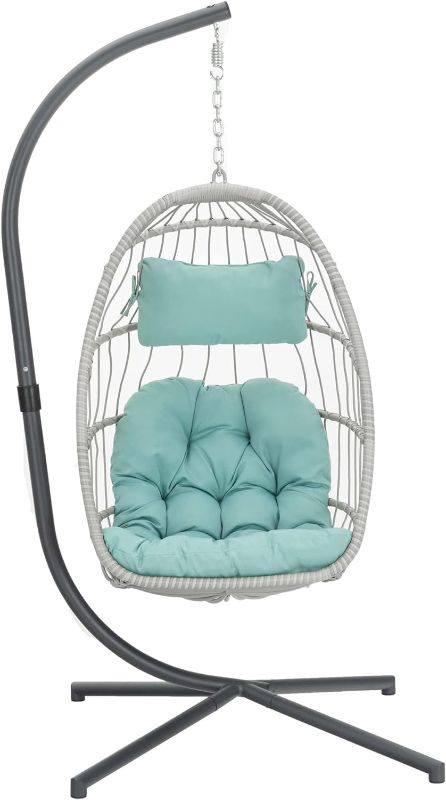 Photo 1 of Yechen Egg Swing Chair with Stand, Patio Wicker Rattan Hanging Chair Swing Hammock Egg Chairs with UV Resistant Cushion for Indoor Bedroom Outdoor Garden Backyard, Light Blue