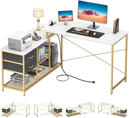 Photo 1 of Homieasy Reversible L Shaped Desk with Power Outlet, Corner Computer Desk with Drawers and Storage Shelves, L-Shaped Long Home Office Desk Study Writing Desk Gaming Desk, White & Gold