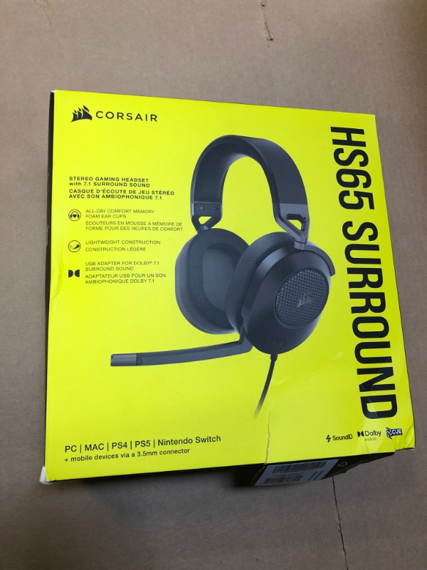 Photo 2 of Corsair HS65 SURROUND Gaming Headset (Leatherette Memory Foam Ear Pads, Dolby Audio 7.1 Surround Sound on PC and Mac, SonarWorks SoundID Technology, Multi-Platform Compatibility) Carbon HS65 Surround Carbon