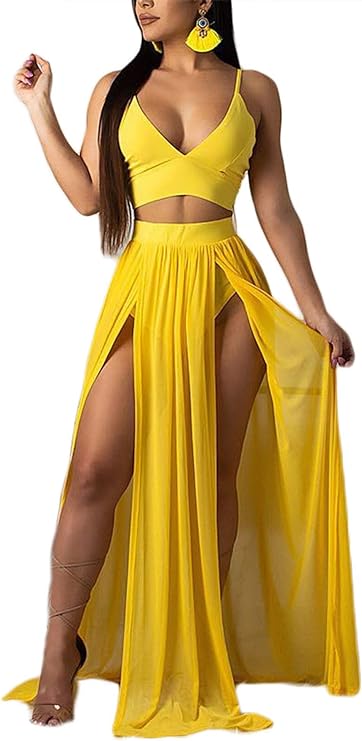 Photo 1 of Mintsnow Women Sexy 2 Piece Outfits Dress Chiffon Strap Deep V Neck Bra Crop Top High Split Maxi Dresses Skirt Set xs