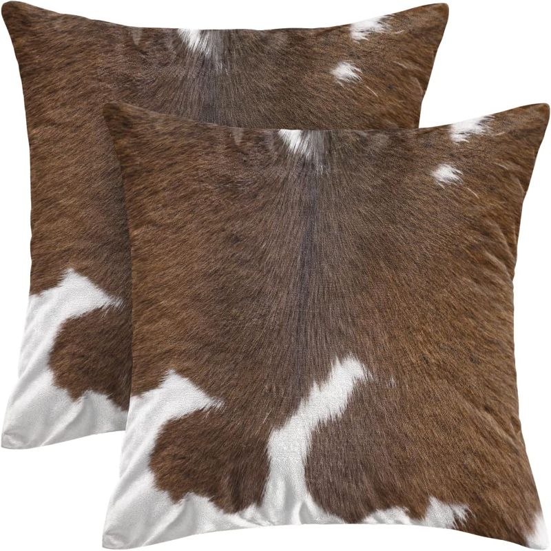 Photo 1 of Cow Print Pillow Covers, Western Cowhide Throw Pillows for Couch, Rustic Brown Animal Skin Cushion Covers 18x18 Inch 2 Pcs Soft Farmhouse Pillowcase Gift for Couch Sofa Bed
 