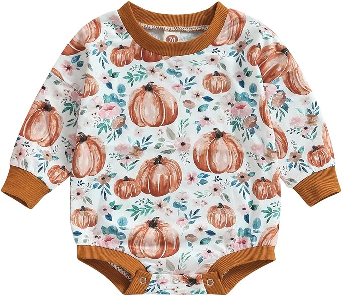 Photo 1 of Infant Baby Girls Halloween Christmas Romper Long Sleeve Cartoon Pumpkin Santa Print Bodysuit Jumpsuit Fall Outfits
 