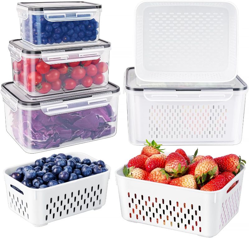 Photo 1 of  Fruit Storage Containers for Fridge with Removable Colander, Airtight Food Storage Container, Dishwasher Safe Produce Saver Container for Refrigerator, Keep Berry Fruit Vegetable Fresh Longer 