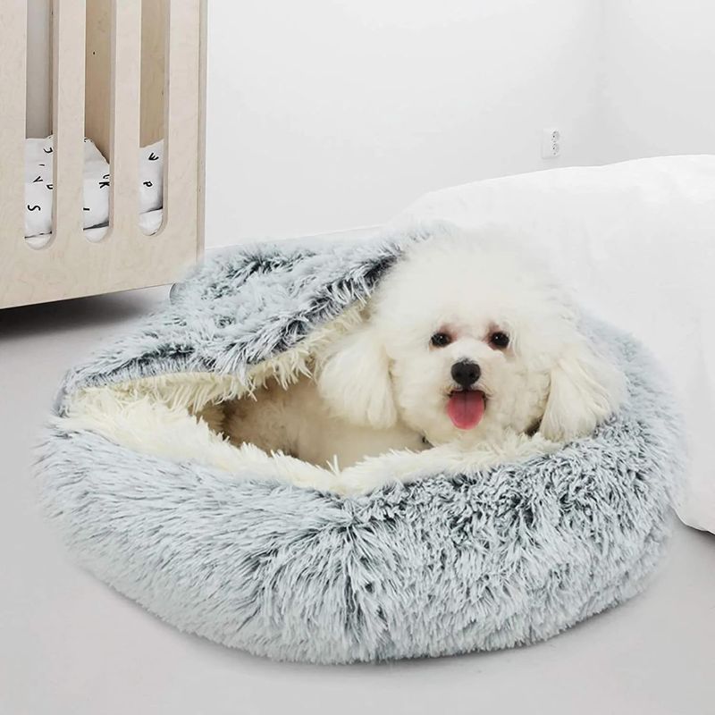 Photo 1 of Dog Bed & Cat Bed, Round Donut Calming Cat Bed, Anti-Anxiety Cave Bed with Hooded Blanket for Warmth and Security - Machine Washable, Water/Dirt Resistant Base, Gray) 