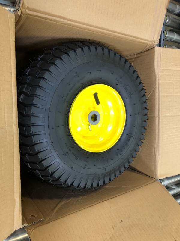 Photo 1 of (2 Pack) AR-PRO Exact Replacement 15" x 6.00 - 6" Front Tire and Wheel Assemblies for John Deere Riding Mowers - Compatible with John Deere 100 and D100 Series - 3” Hub Offset and 3/4” Bushings 15" x 6.00-6" Yellow