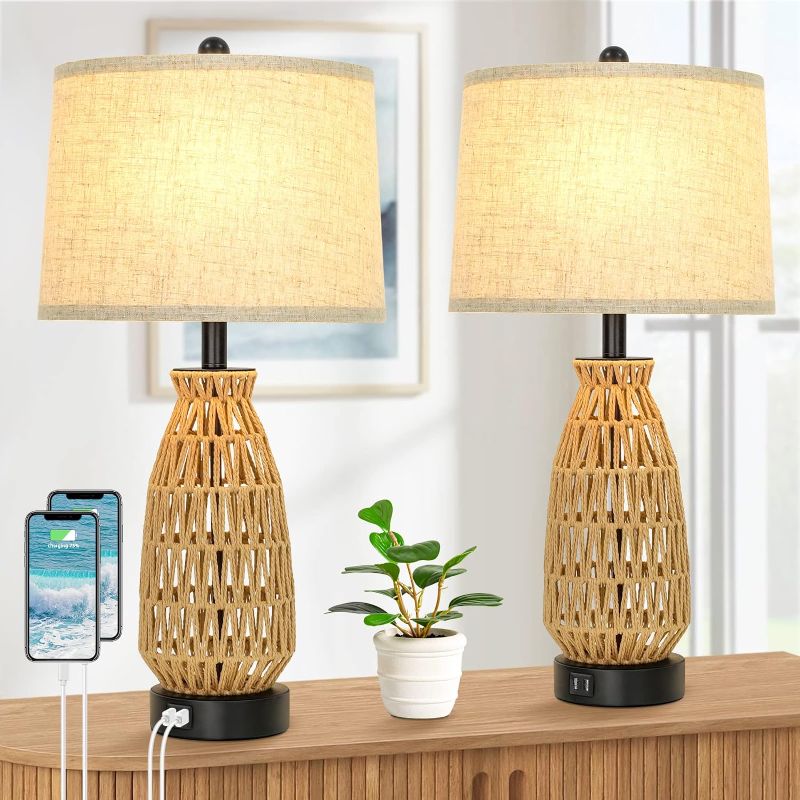 Photo 1 of Set of 2 Rattan Table Lamps with 2 USB Ports, Coastal Woven Bedside Lamps 26’’ Tall, Farmhouse Nightstand Lamp with Rotary Switch and Cream Fabric Shade, Modern Desk Lamps for Living Room Bedroom Dorm
