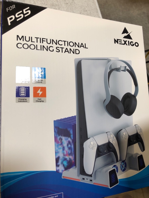 Photo 2 of NexiGo PS5 Slient Cooling Stand with RGB LED Light, Dual Charging Station Compatible with DualSense Edge Controller, Hard Drive Slot, Headset and Remote Holders, 10 Game Slots, White White Standard