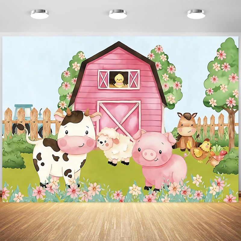 Photo 1 of 
Roll over image to zoom in
7x5ft Farm Backdrop Cartoon Farm Animals Pink Barn Photography Background Girls Farm Theme Birthday Baby Shower Party Cake Table Banner Decorations Supplies Photo Booth Props