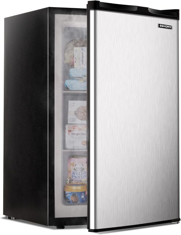 Photo 1 of Upright freezer, 3.0 Cubic Feet, Single Door Compact Mini Freezer with Reversible Stainless Steel Door, Small freezer for Home/Dorms/Apartment/Office 