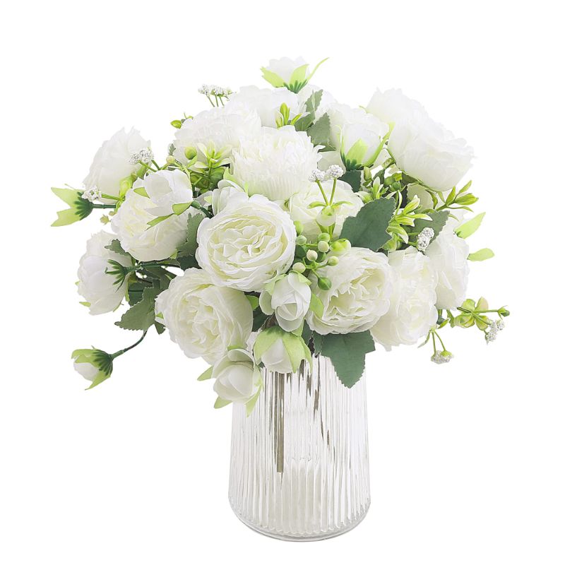 Photo 1 of 4 BUNCHES ARTIFICIAL ROSES FAKE PEONIES SILK FLOWERS PLASTIC GRASSES BOUQUETS FOR HOME WEDDING PARTY GARDEN DECOR, FLOWER ARRANGEMENTS, WHITE
